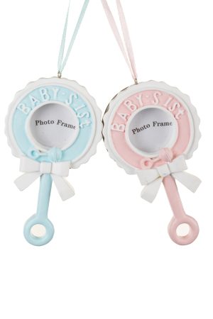 Set of 2 Blue "Baby's First" Rattler Ornaments With Photo Frame