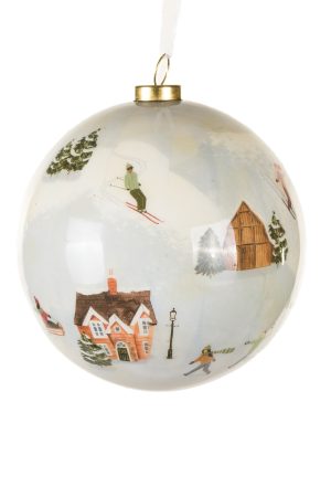 Off-White Decorative Ball Ornament  With Ski Resort Scape