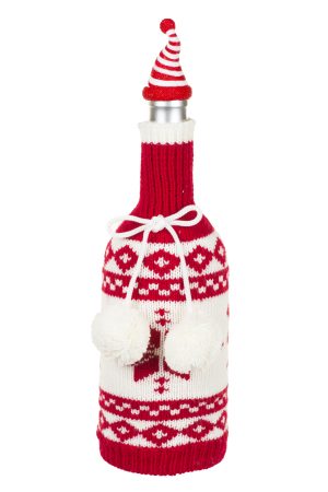 Red Perennial Knitted Wine Bottle Cover With Pom Poms