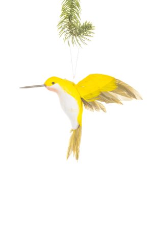 Yellow Hummingbird Ornament With Feathers