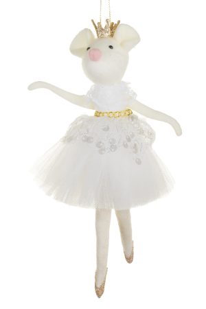 White Plush Ballerina Princess Mouse Ornament  With Gold Sparkling Crown