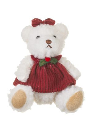 White Plush Christmas Bear  Ornament  With Burgundy Head Bow