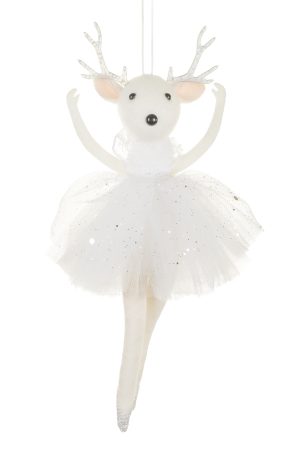 White Plush Ballerina Princess Reindeer Ornament With Silver Antlers