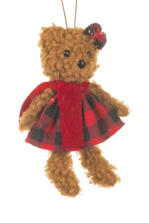 Brown Plush Teddy Bear  Ornament   With Red & Black Plaid Head Bow
