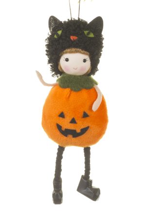 Orange Pumpkin Girl Doll Ornament With Black Cat Hat