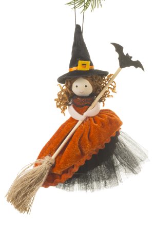 Orange Halloween Witch Doll Ornament With Witch Hat