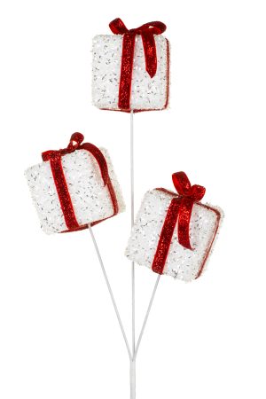 White Three Present Box Tree Pick With Red Ribbon