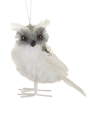 Hangable White Disco Owl Ornament With Soft Bristle Eyes
