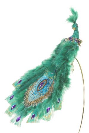 Clip-On Teal Peacock Ornament With Feathers