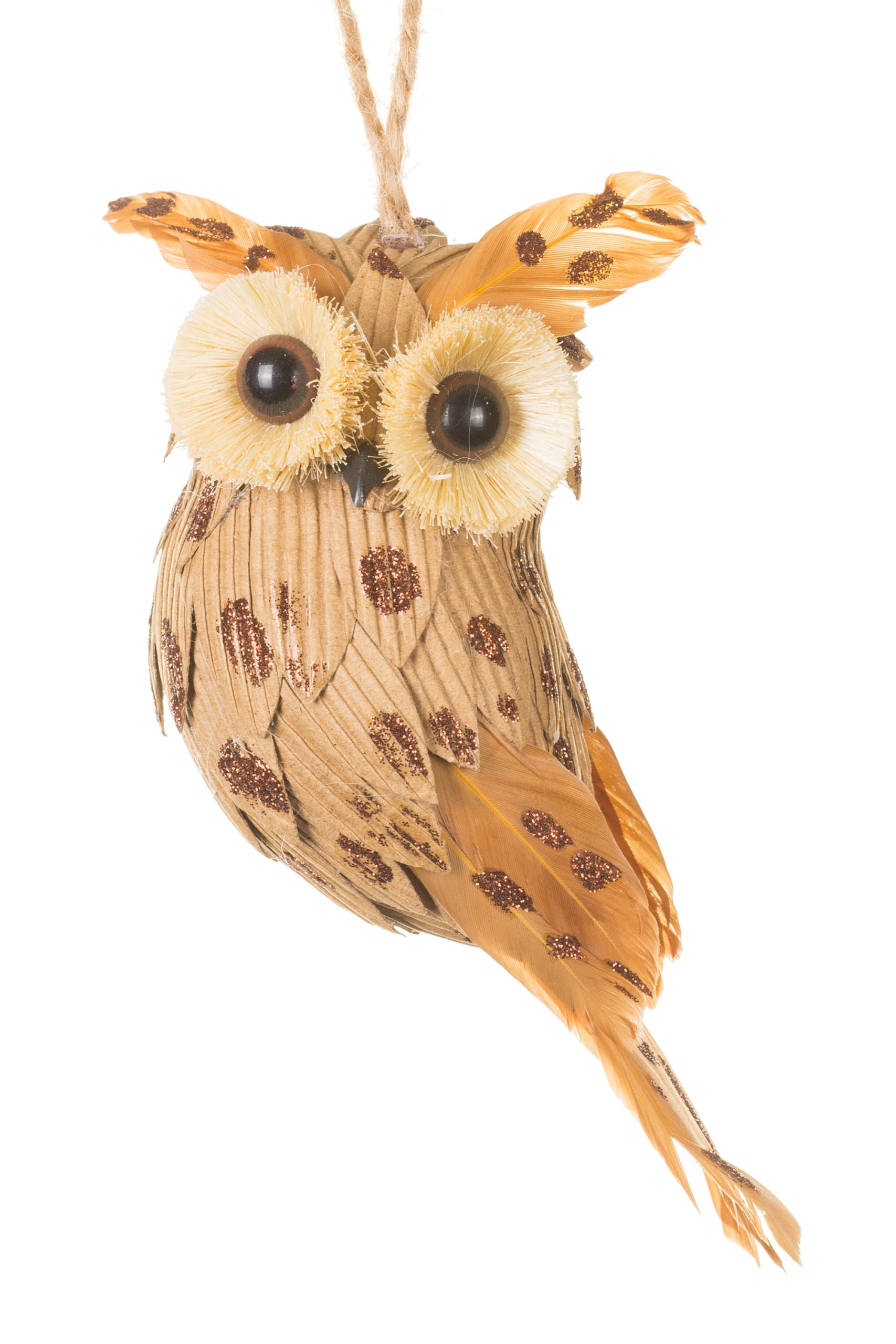 Light Brown Horned Owl Ornament With Straw Bristle Eyes