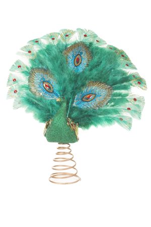 Teal Fancy Peacock Tree Topper With Feathers