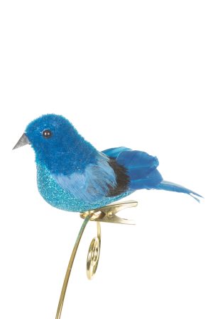 Clip-On Blue Indigo Bunting Ornament With Feathers