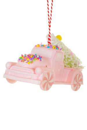 Pastel Pink Pickup Truck Ornament With Christmas Tree
