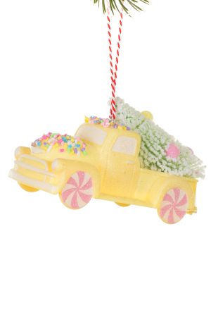 Yellow Pickup Truck Ornament With Christmas Tree