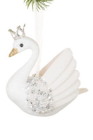 Hangable White Swan Princess Ornament With Pearls And Jewels