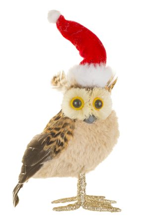 Beige Festive Owl Wearing Santa Hat