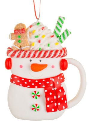 White Snowman Cocoa Mug Ornament With Candycane Straws