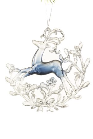 Midnight Blue Leaping Deer Ornament With Glittery Vines