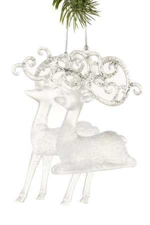Set of Two Clear Deer Ornament With Silver Glitter Antlers