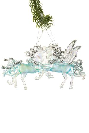Set of 2 Hanging Blue Unicorn & Pegasus Ornaments With Heart Jewels
