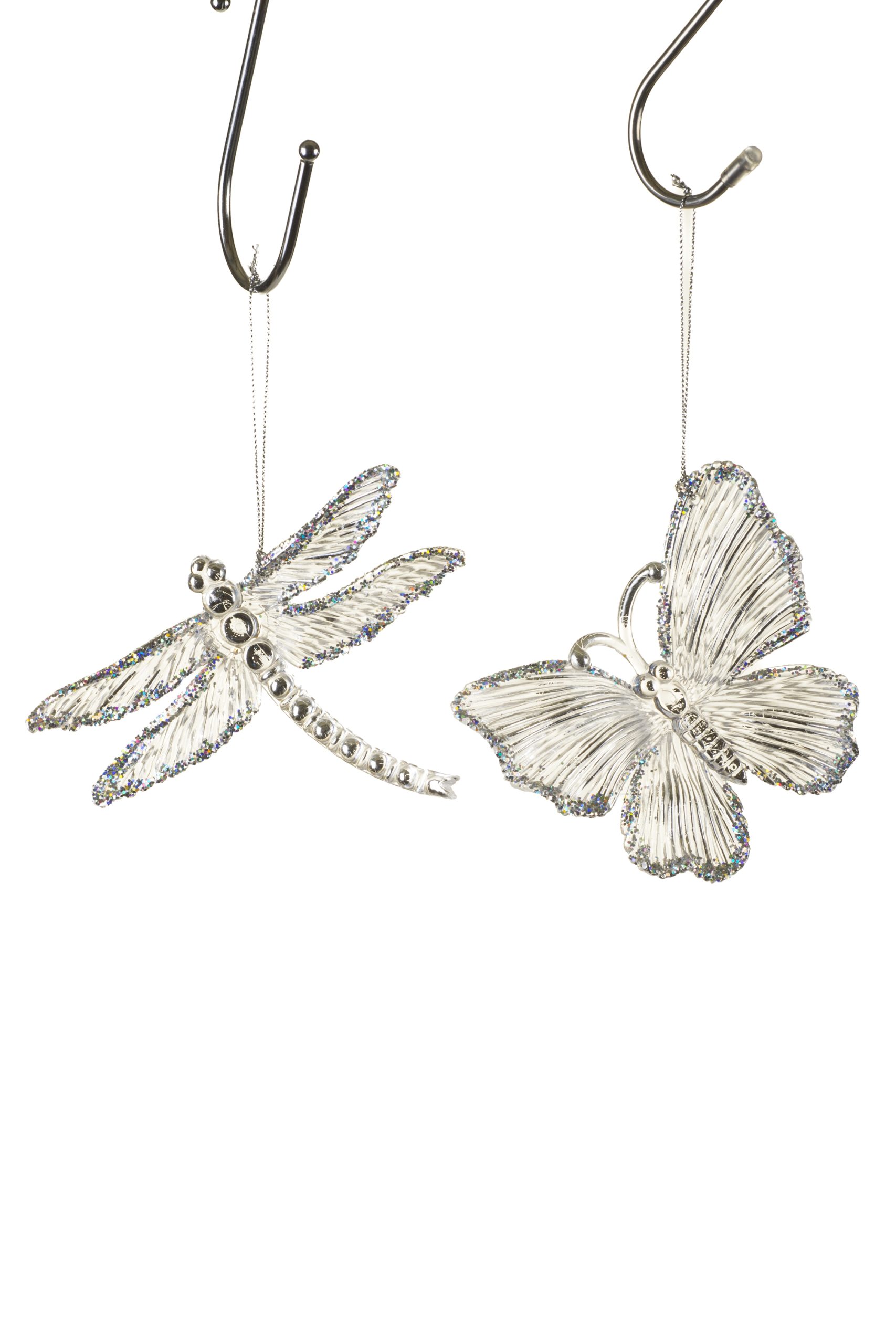 Set of 2 Hanging Clear Butterfly & Dragonfly Ornaments With Iridescent Glitter