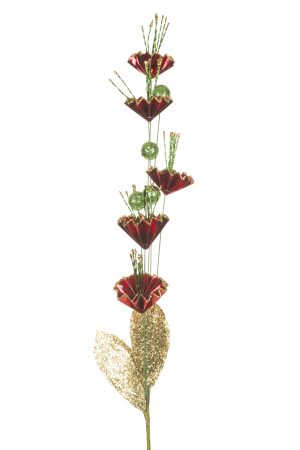 Green Jeweled Flowers Tree Pick With Golden Leaves