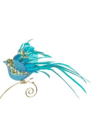 Clip-On Teal Flying Bird Ornament With Green Detailing