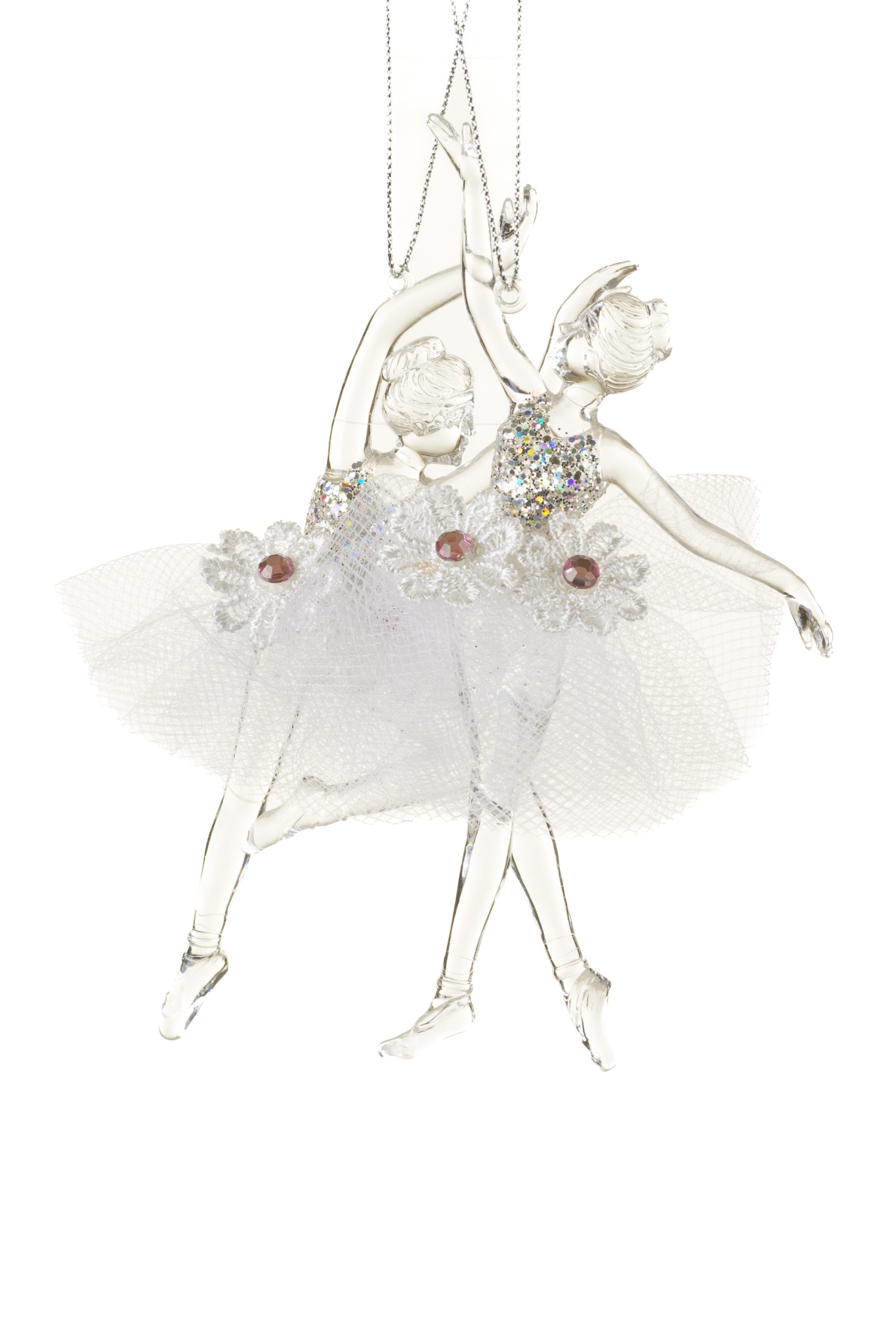 Set of 2 Hanging Clear Ballerina Ornaments With Frilly Skirts