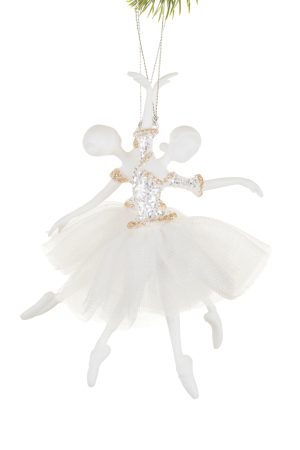 Set of 2 Hanging White Ballerina Ornaments With Frilly Skirts