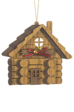 Brown 2-D Cabin Ornament With Jingle Bells