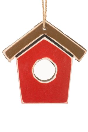 Red Birdhouse Ornament With Rattan String