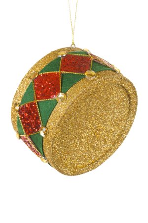 Hangable Gold Drum Ornament With Green Felt Band