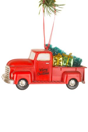 Red Pickup Truck Ornament With Pine Tree, Presents