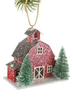 Red Barn Ornament With Rattan Ribbon