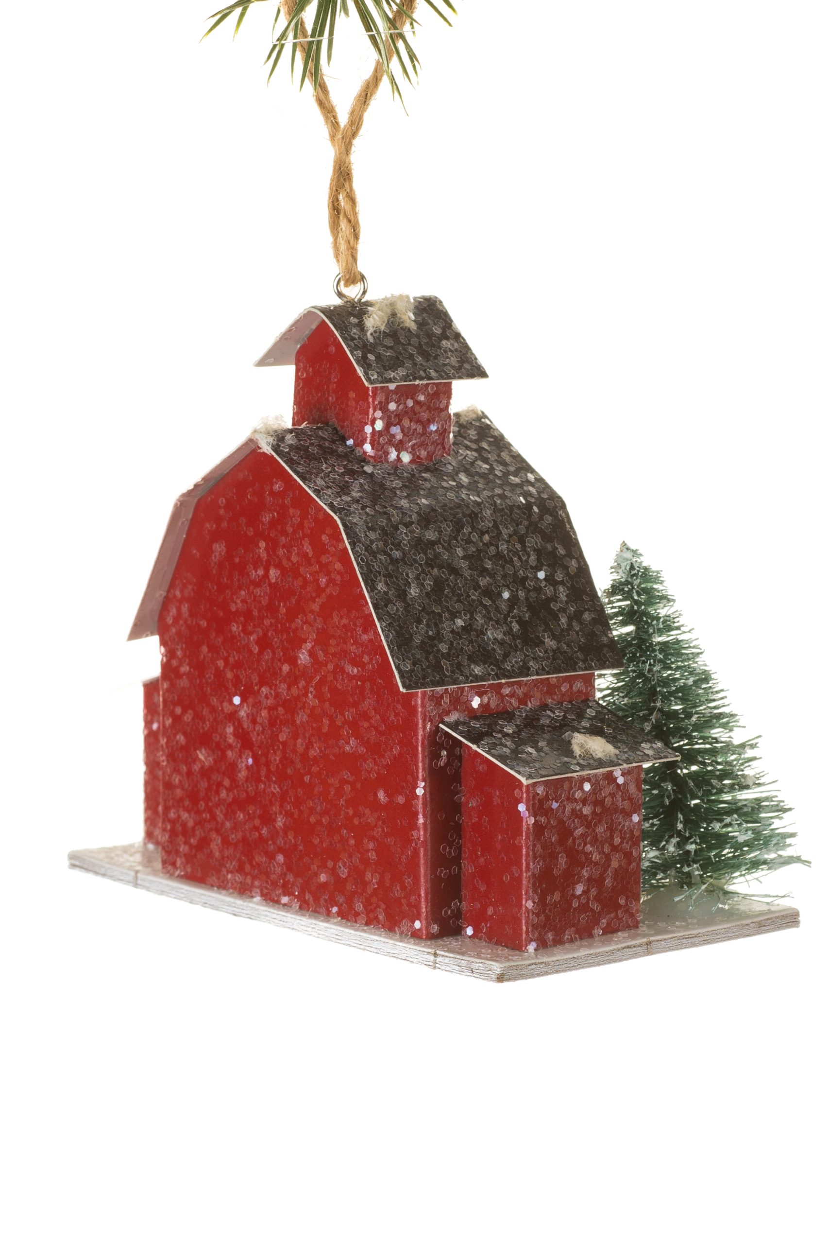 Red Barn Ornament With Rattan Ribbon - Image 2
