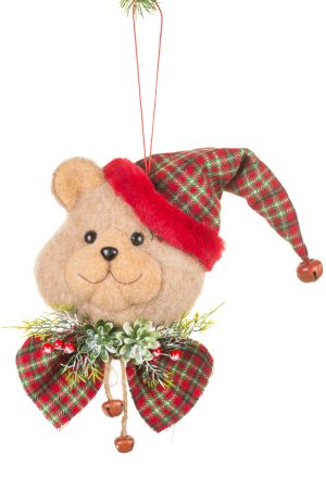 Hanging Light Brown Teddy Bear Face Decoration With Santa Hat