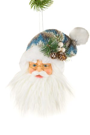 Royal Blue Santa Head Ornament With Christmas Pattern On Hat