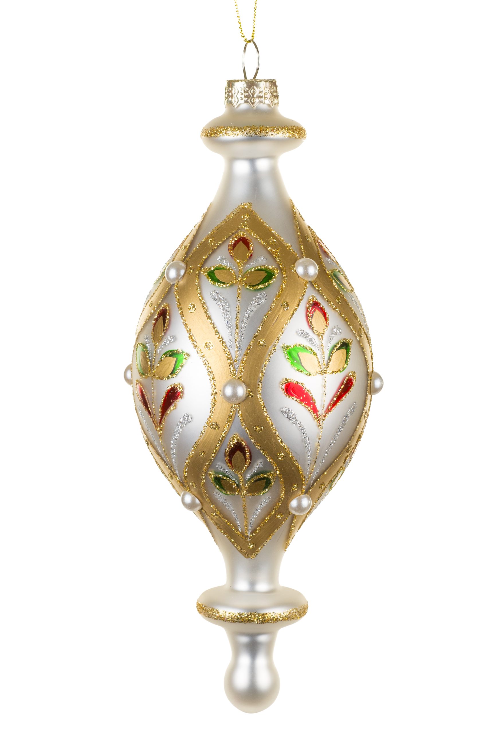 Hanging Silver Tulip Finial Ornament With Glossy Pearls