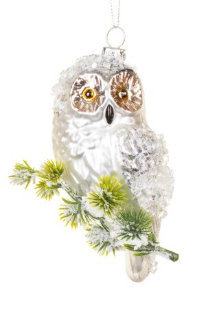 Silver Barn Owl Ornament With Icy Wings