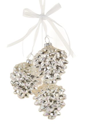 Set of 3 Hanging Silver Pinecone Ornaments With Lace Tassels
