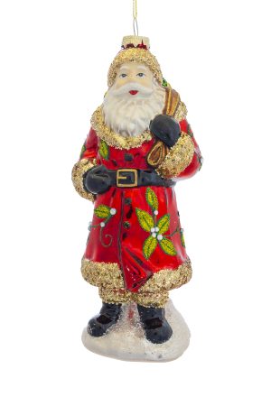 Red Leafy Santa Ornament With Present Sack