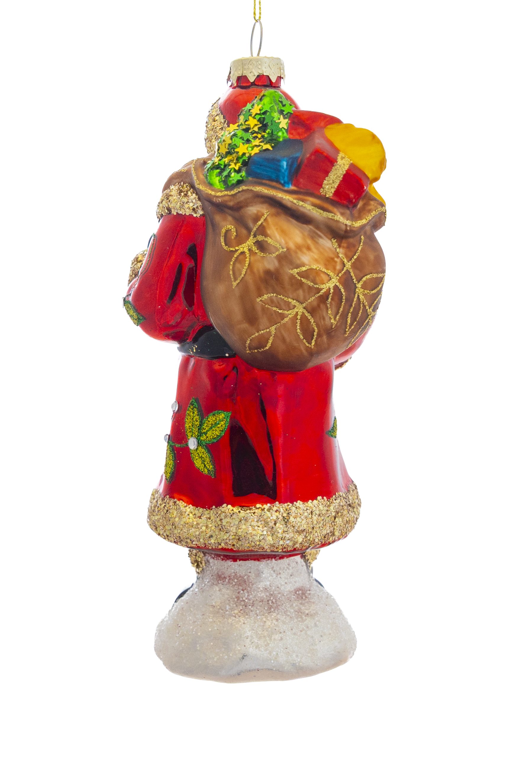 Red Leafy Santa Ornament With Present Sack - Image 2