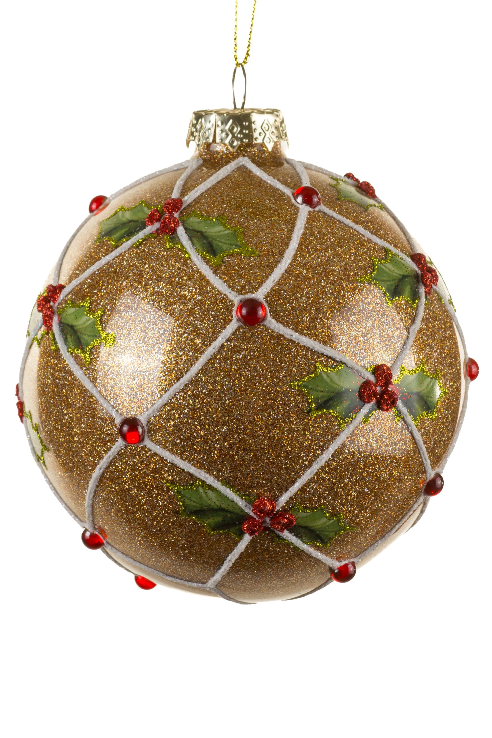 Hanging Gold Holly Ball Ornament With Jeweled Berries
