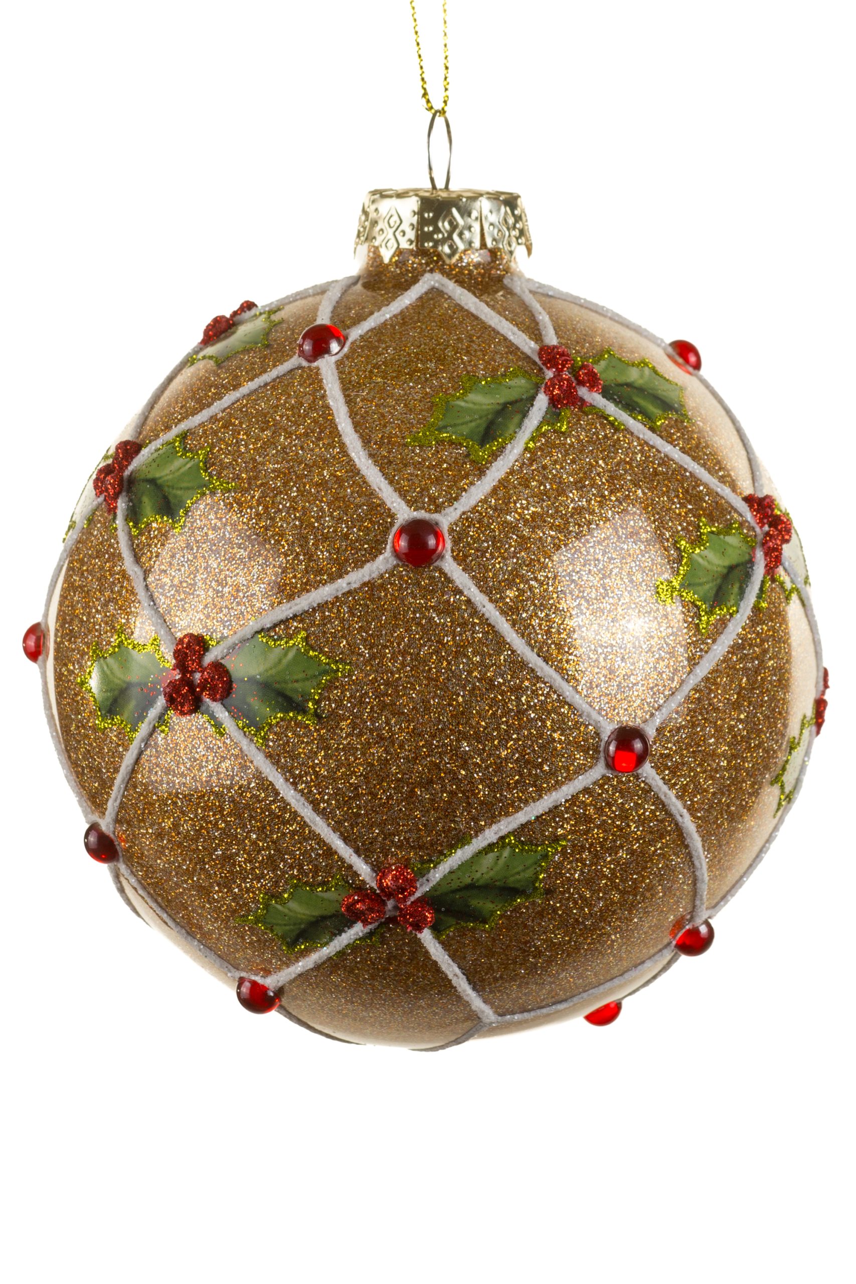 Hanging Gold Holly Ball Ornament With Jeweled Berries - Image 2