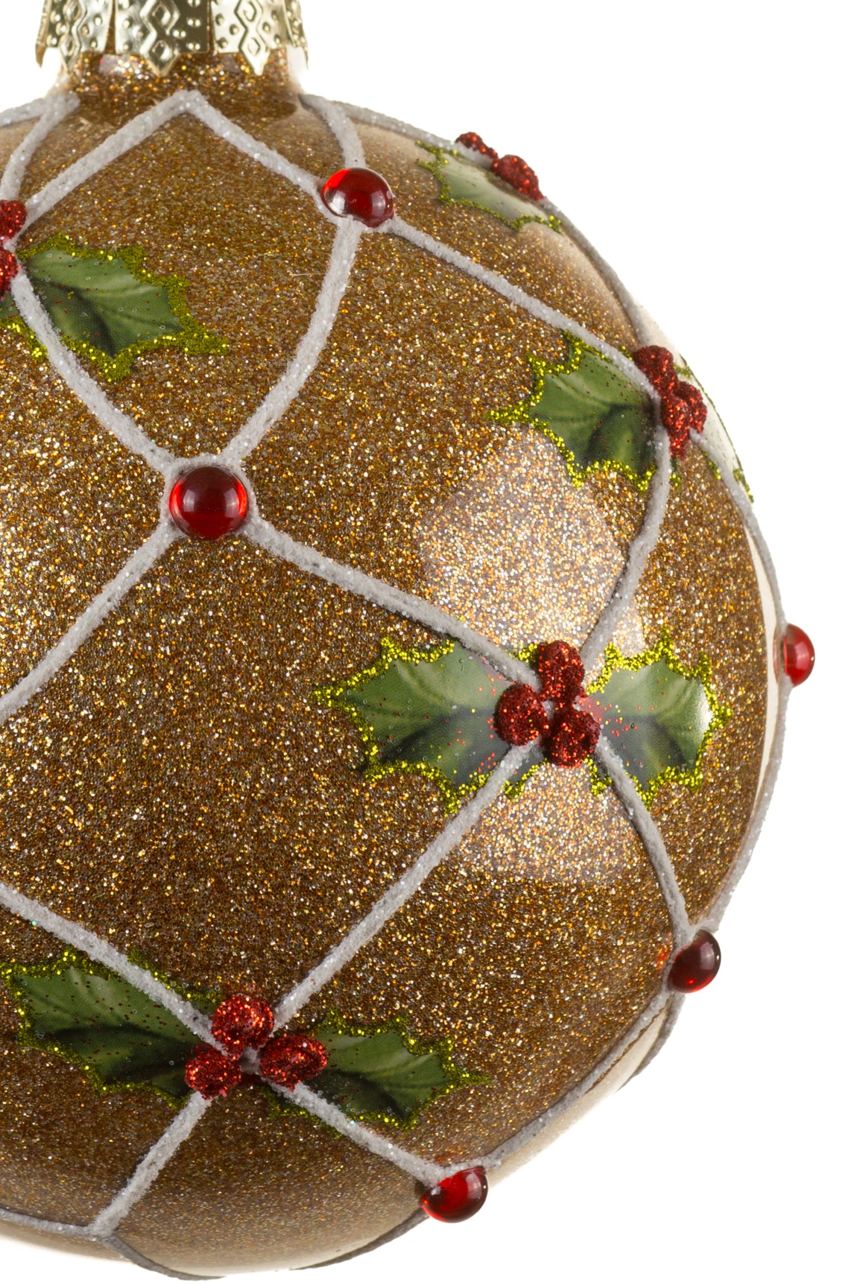Hanging Gold Holly Ball Ornament With Jeweled Berries - Image 3