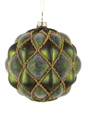 Hanging Forest Green Ballooning Bauble Ornament With Gold Trim