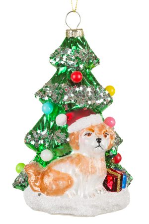 Hangable Green Puppy Ornament With Star Glitter Garland
