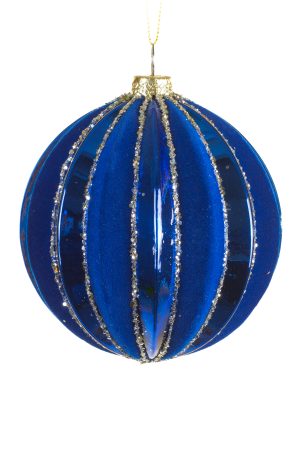 Royal Blue Ridged Bauble Ornament With Velvet Curves