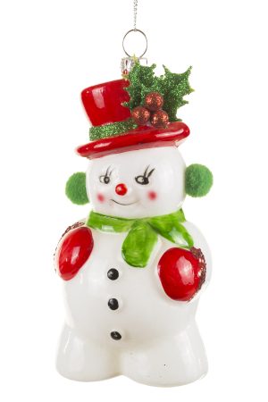 White Snowman Ornament With Holly Jolly Hat