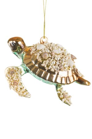 Brass Sea Turtle Ornament Caked In Seashells
